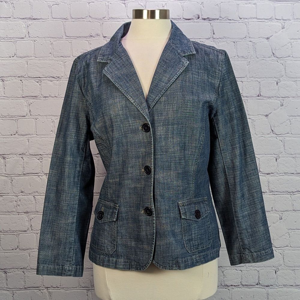 Talbots Sz 16 Blue Denim Blazer 3 Button Notched Collar Pockets 100% Cotton